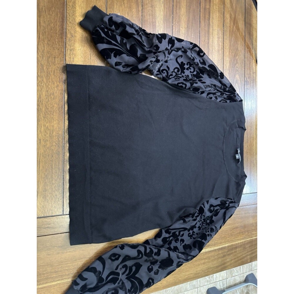 INC Black Knit Sweater w/sheer floral velvet sleeves XL